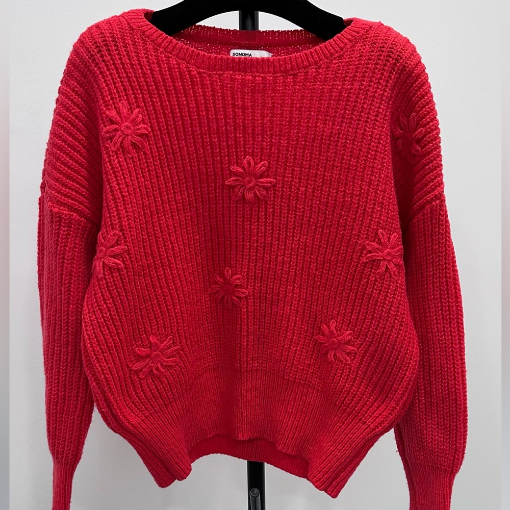 Sonoma Red Crew Neck Sweater with Floral Accents